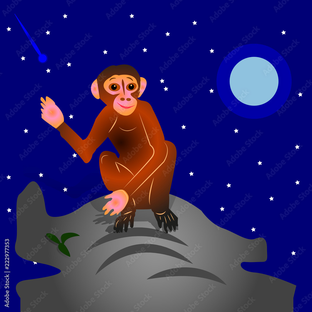 The Cartoon Monkey sits on a hill, with a raised hand. Night landscape against the backdrop of stars and moon,