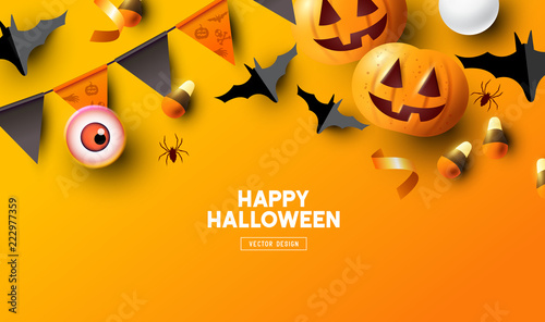 Halloween holiday party Composition with Jack O' Lantern pumpkins, party decorations and sweets on a orange background. Top view vector illustration.