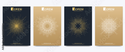 Modern vector template for brochure leaflet flyer cover catalog magazine or annual report. Golden layout in A4 size. Business, science and technology design book layout. Presentation with mandala.