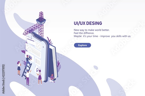 Horizontal web banner template with group of tiny people creating application design on giant tablet PC. User interface and experience engineering. Colorful modern isometric vector illustration.