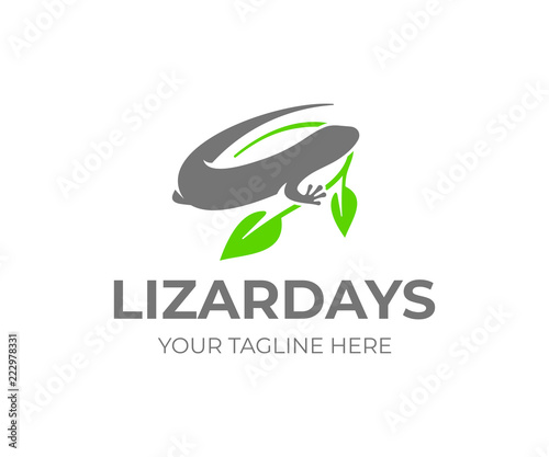 Common wall lizard logo design. Lizard silhouette with leaves vector design. Gecko logotype