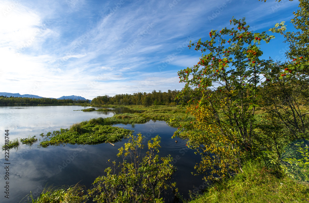 The beautiful lake in autumn paints. Tromso. Prestvann