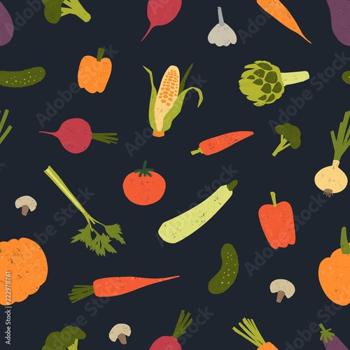 Trendy seamless pattern with delicious vegetables or harvested crops scattere...