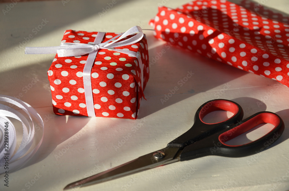 Christmas gift wrapping background, copy space. present box
