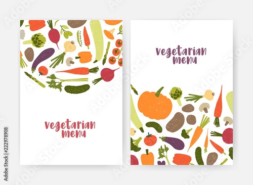 Bundle of vegan menu cover templates decorated with tasty natural fresh raw v...