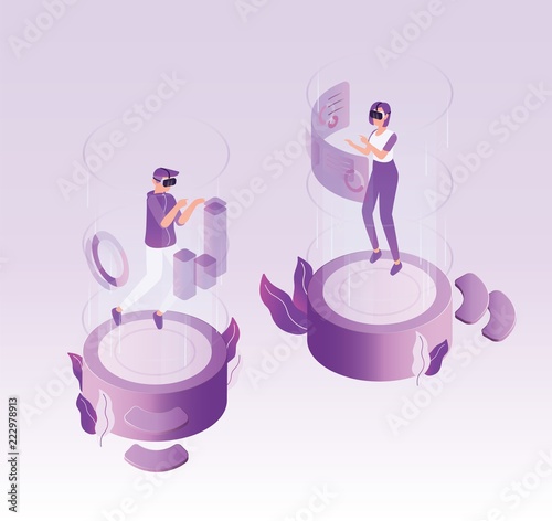 Male and female characters wearing virtual reality glasses and exploring world. Man and woman in VR headsets. Modern innovative technology and electronic device. Colored isometric vector illustration.