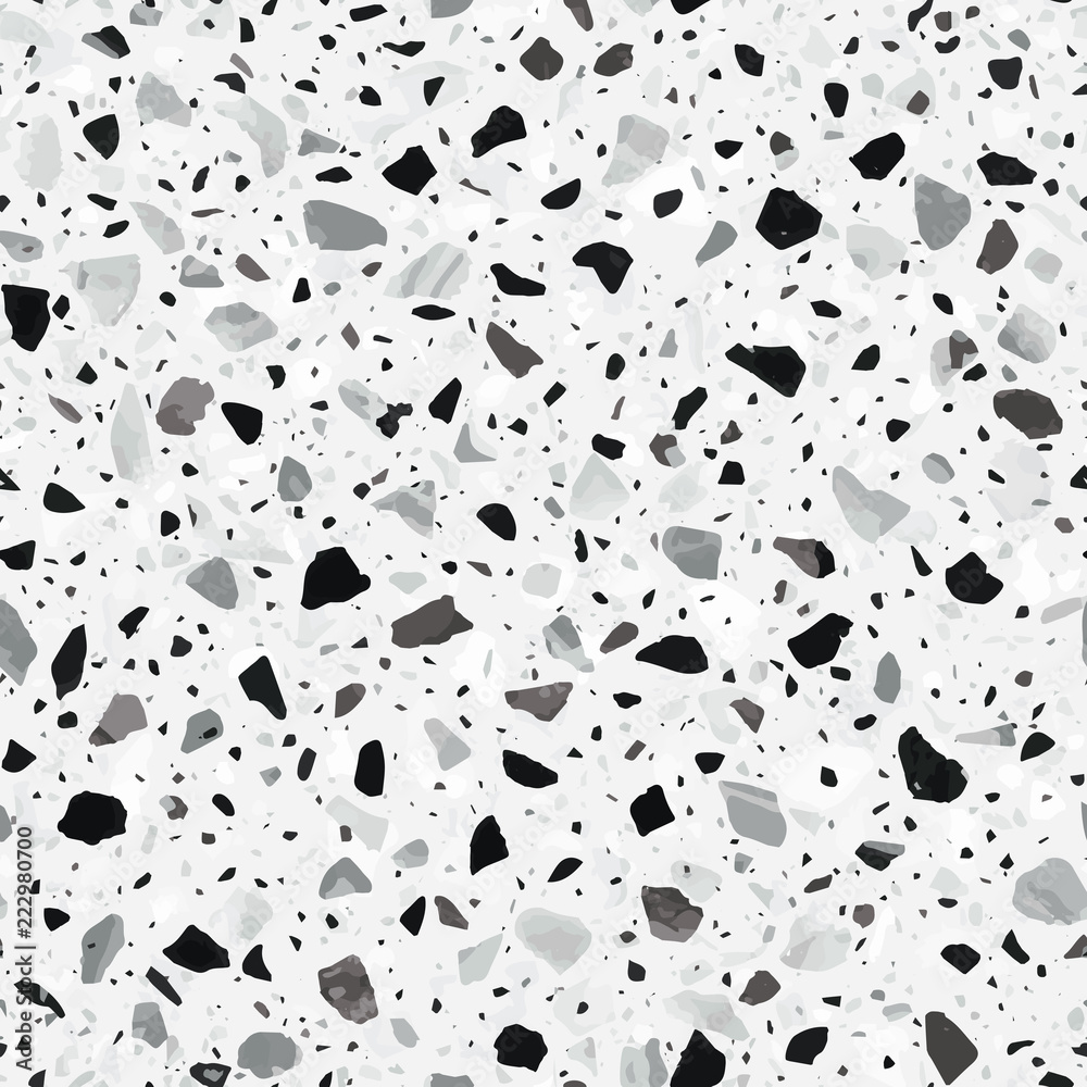 Terrazzo flooring vector seamless pattern in light grey colors with accents. Classic italian type of floor in Venetian style composed of natural stone, granite, quartz, marble, glass and concrete