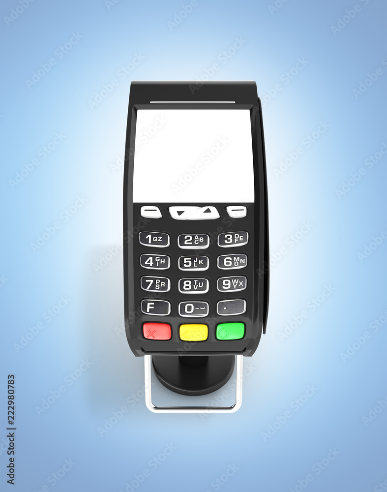 card payment terminal POS terminal top view with empty screen isolated on blue gradient background 3d render card payment terminal POS terminal top view with empty screen isolated on blue gradient background 3d render
