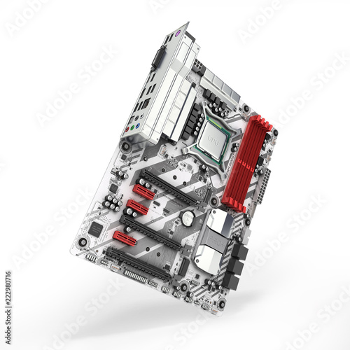 Motherboard with realistic chips and slots isolated on white background 3d render