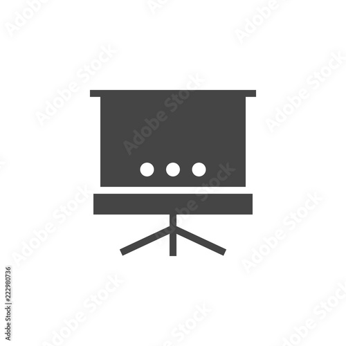 Screen on the tripod for presentation. Portable projector for seminars, conferences, demonstration of information slides. Office auxiliary tool for public speaking, Vector black flat icon isolated