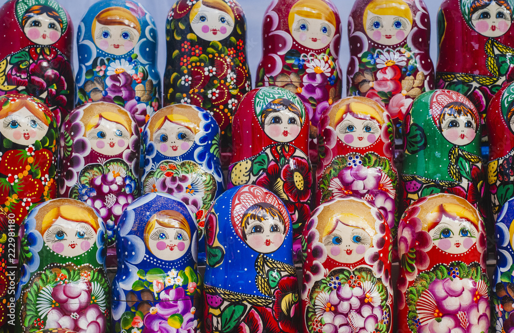 Colorful Russian nesting dolls at the market.