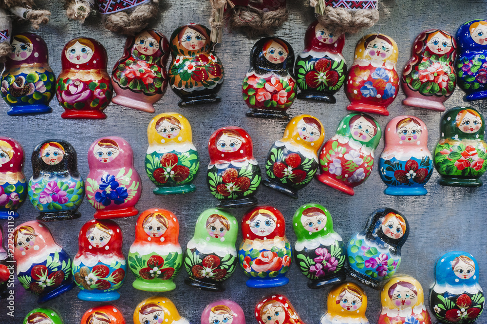 Colorful Russian nesting dolls at the market.