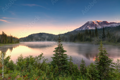 Scenic view of Mount Rainier reflected across the reflection lakes