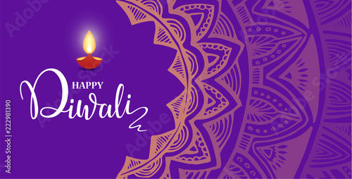 Happy Diwali lettering wallpaper design template. illustration of burning Diwali diya oil lamp for light festival of India.