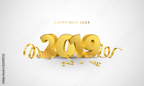 Happy New Year 2019 background. Greeting card design template gold confetti. Celebrate brochure or flyer.