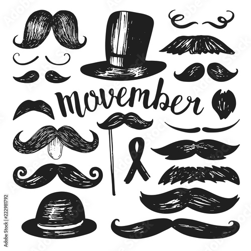 Big set of hand drawn vector mustache. Collection of cartoon barber silhouette hairstyle . Various types of whiskers. Isolated vector illustration