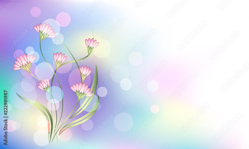 Fantasy and magical background with bokeh and fabulous flowers in which unicorn dwells