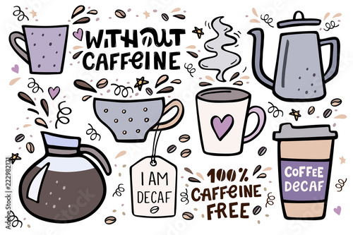 Coffee big set vector handdrawn illustration with handlettering. Decaffeinated coffee vector illustration