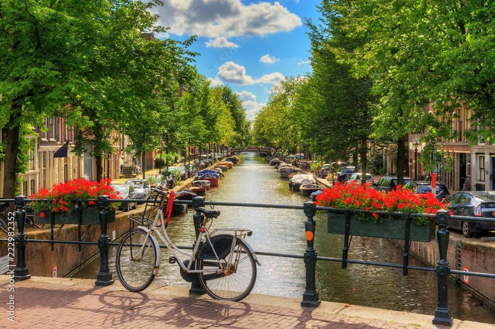 Beautiful vibrant summer flowers and a bicycle on a bridge on the famous world heritage canals of Amsterdam, The Netherlands
 - obrazy, fototapety, plakaty 