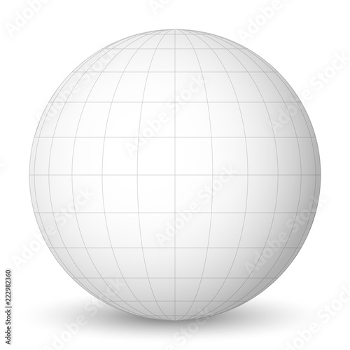 Front view of blank planet Earth white globe with grid of meridians and parallels  or latitude and longitude. 3D vector illustration.