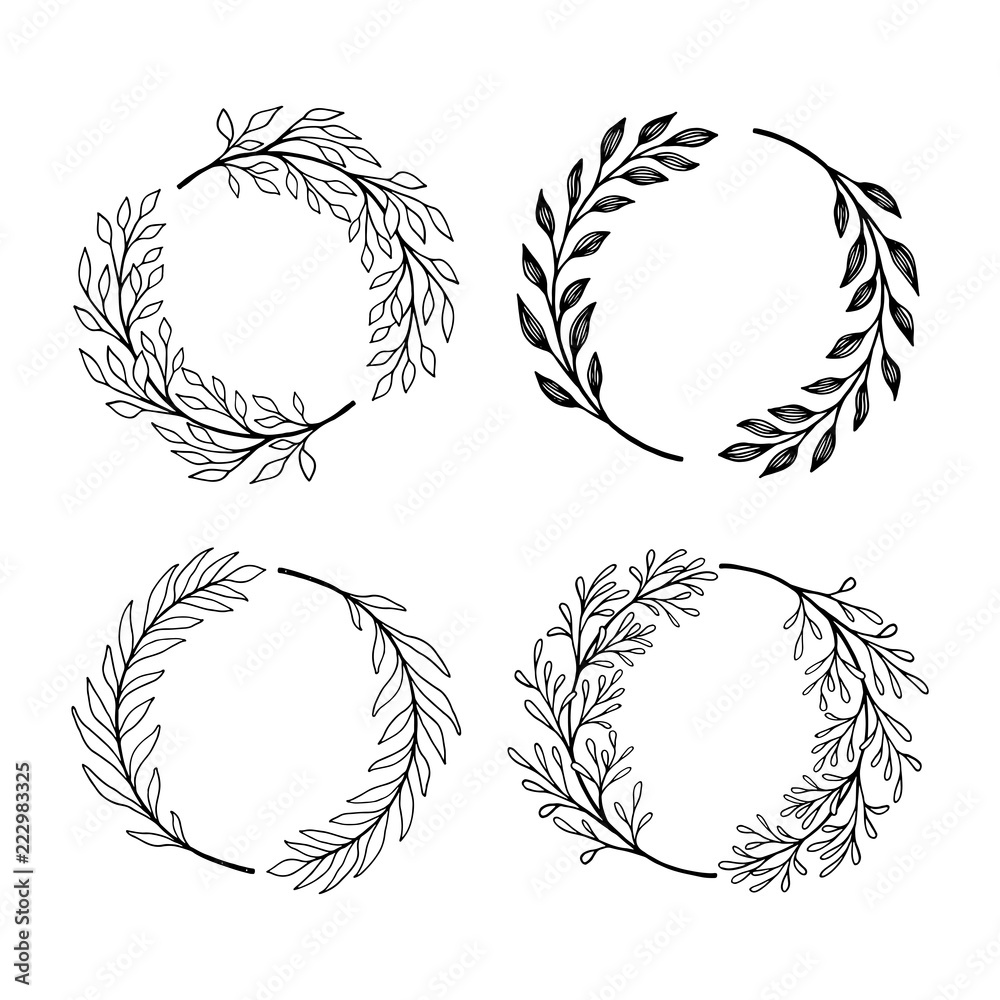 Hand drawn wreath set. Vector floral round frames