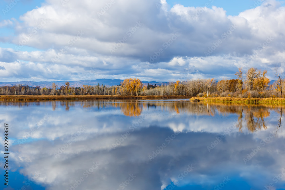 Clouds and color reflected in the calm waters of a slough in autumn in northwestern Montana