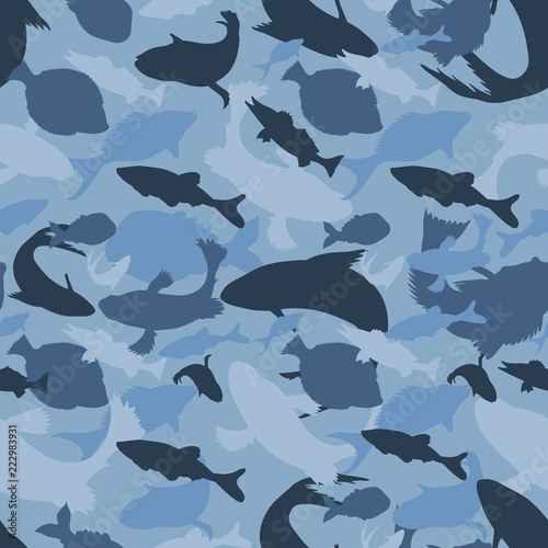 blue camouflage silhouettes of fishes, protection seamless texture