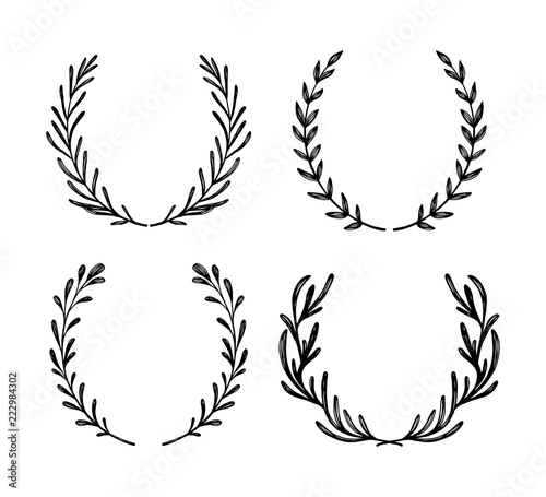 Hand drawn laurels set. Vector floral round frames