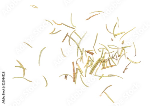 Pile of dry rosemary isolated on white background, top view