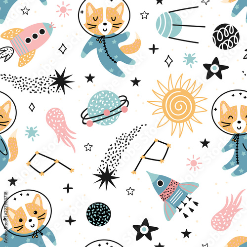 Seamless space pattern with cute foxes