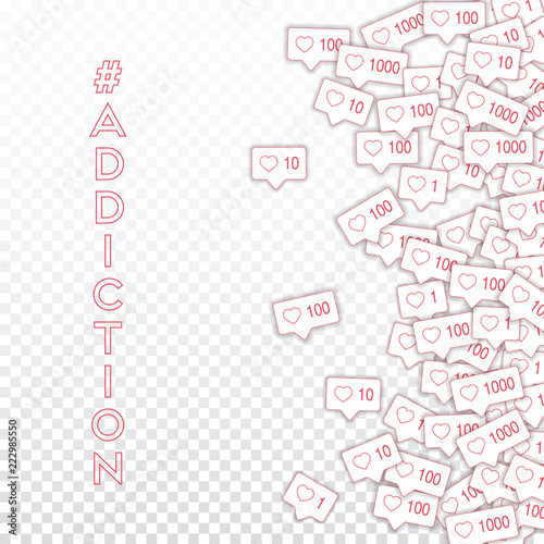 Social media icons. Social media addiction concept. Falling pink like counter. Scatter right gradien