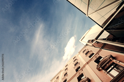 a photo of city from below