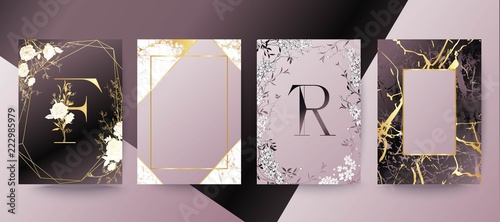 Set of elegant brochure, card, background, cover, wedding invitation. Lilac and golden marble texture.