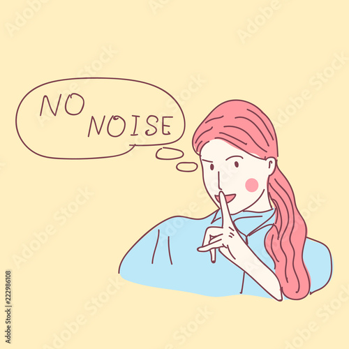 Beautiful woman with finger on her lips in silent sign on white background, vector illustration. girl with finger to her mouth and a cloud of thoughts NO NOISE