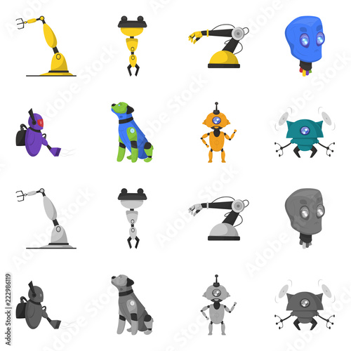 Vector illustration of robot and factory symbol. Collection of robot and space stock vector illustration.