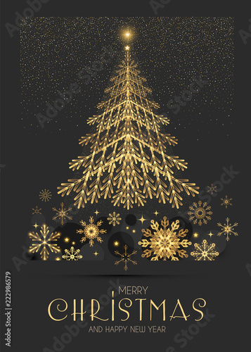 Elegant Christmas Card Template with Gold Fir Tree and Snowflakes.