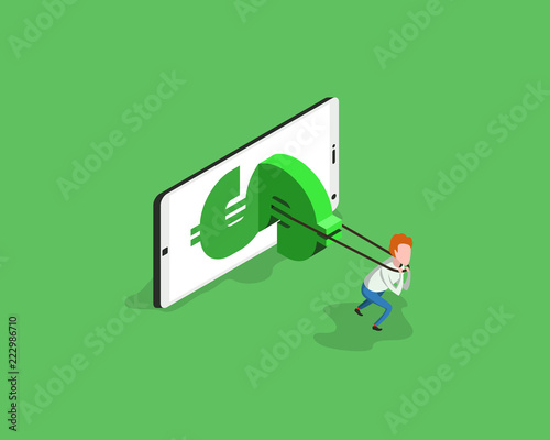 The man barely pulls money out of the phone. Illustration of making money on the Internet. Isometric, 3D, flat style. Solid. Minimalism, cobwebs.