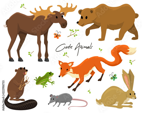 Cute animals for baby. Wild moose and deer  hare  wolf and bear. frog and fox. vintage world. Cartoon vector.