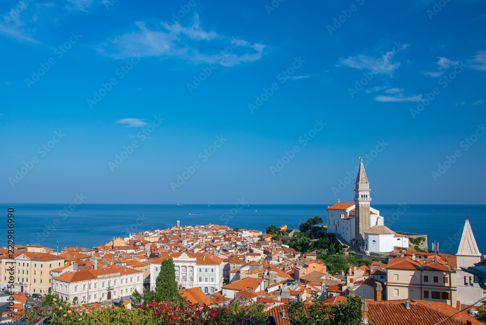 Magnificent aerial view of old town of Piran, Slovenia