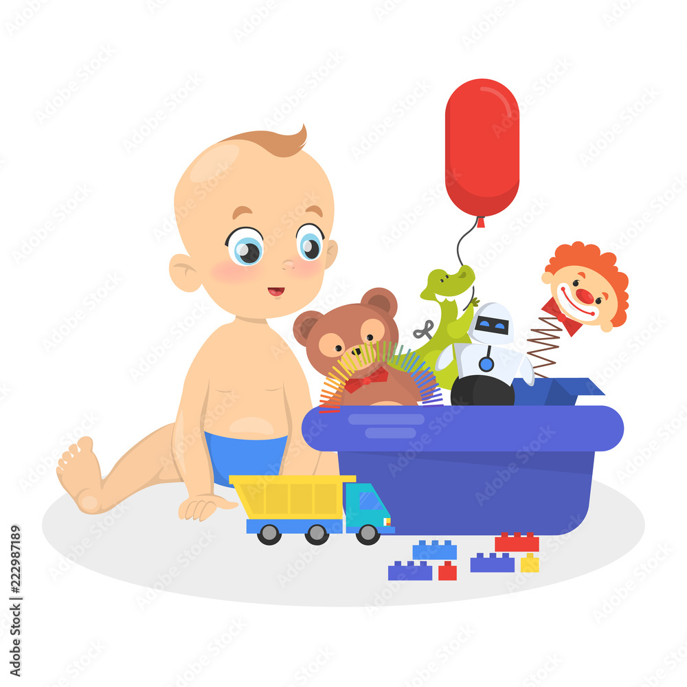 Cute baby boy sitting with pile of colorful toys Cute baby boy sitting with pile of colorful toys