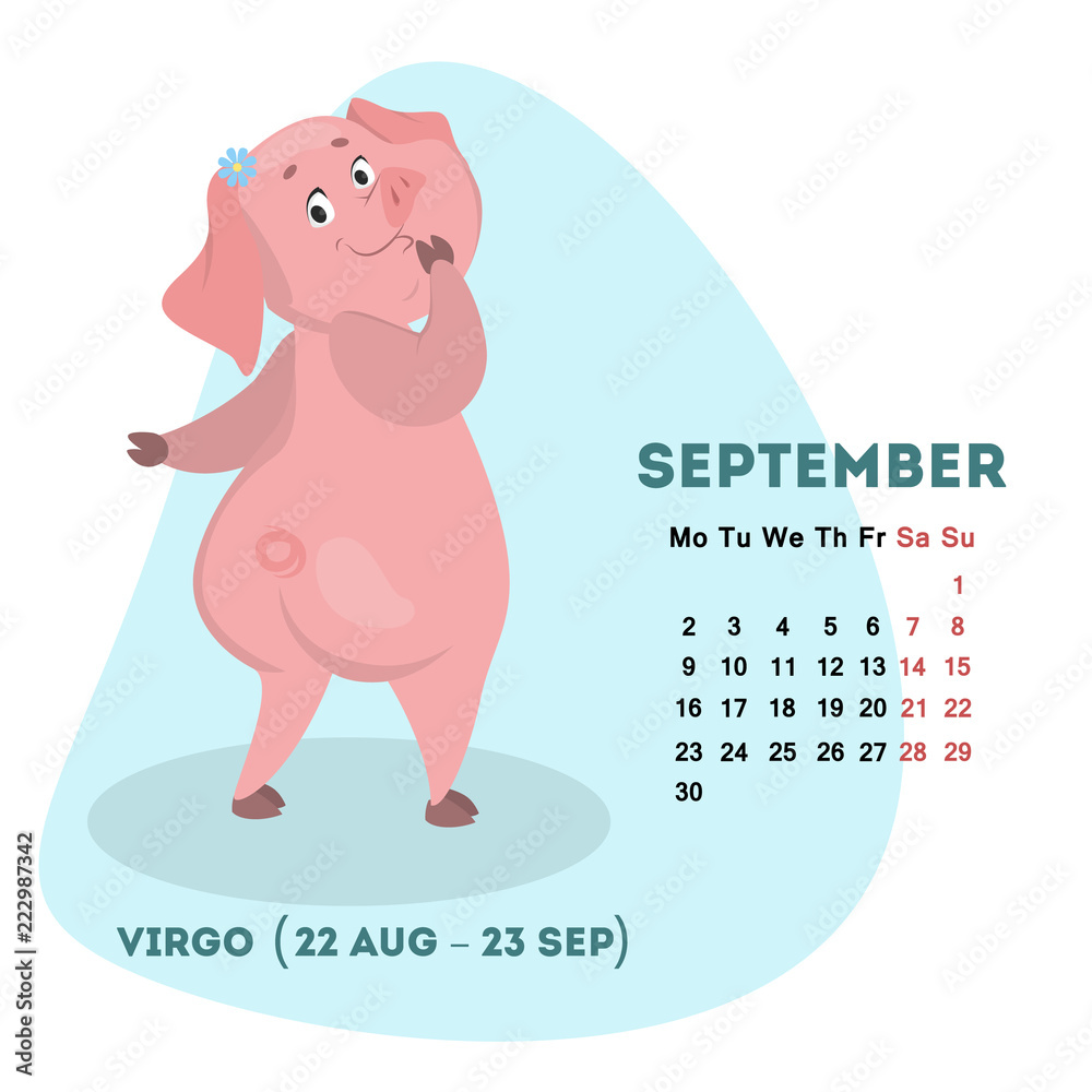 Pig calendar for September 2019 with horoscope sign