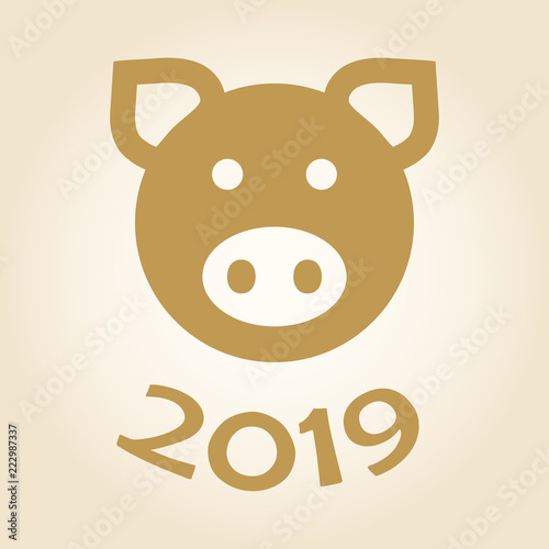Golden logo with the symbol pig of year 2019. Vector illustration