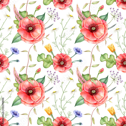 Fototapeta Naklejka Na Ścianę i Meble -  Seamless pattern with wildflowers: poppy, cornflower, chamomile. Hand drawn watercolor illustration for fabric, wrapping, wallpapers and other design.