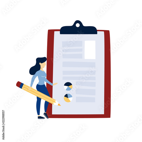 Business woman standing at the giant clipboard