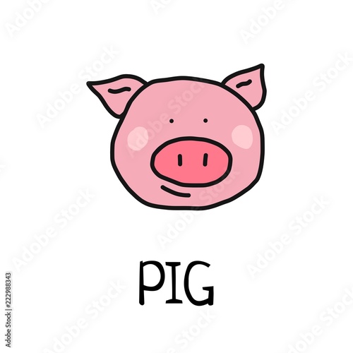 Cartoon vector flat illustration of cute pig face for baby card and invitation