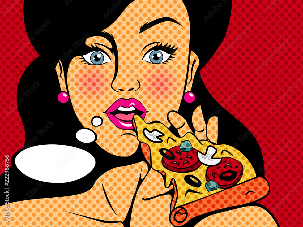 Fototapeta Pop-art piękna kobieta jedzenie smaczne pizze