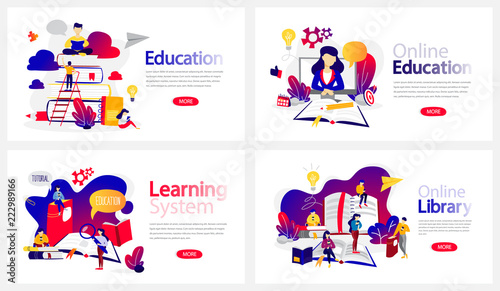 Online education courses banner set. Online library and e-learning system