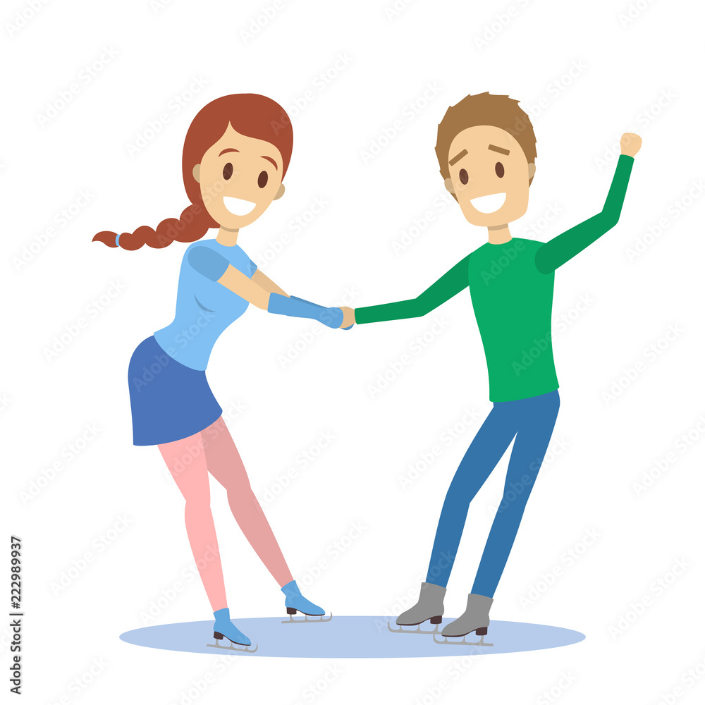 Cute romantic couple skate together. Winter activity Cute romantic couple skate together. Winter activity