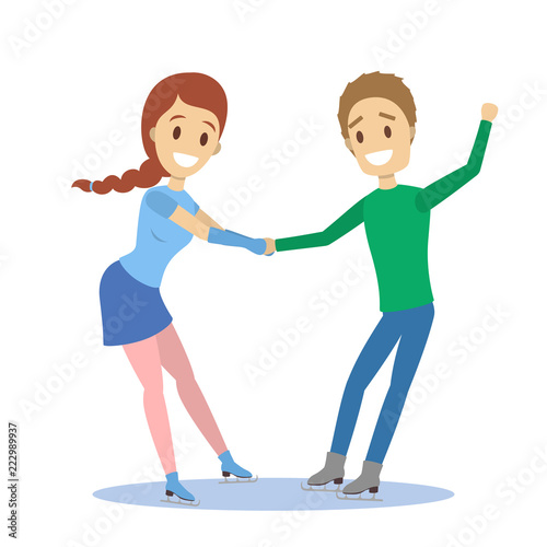 Cute romantic couple skate together. Winter activity