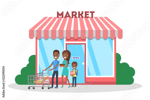 People going out of the supermarket with food